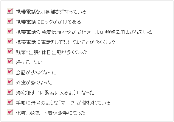 浮気の可能性があるサインとして下記のようなものがあげられます。1.携帯電話を肌身離さず持っている。2.携帯電話にロックがかけてある。3.携帯電話の発着信履歴や送受信メールが頻繁に消去されている。4.携帯電話に電話をしても出ないことが多くなった。5.残業・出張・休日出勤が多くなった。6.帰ってこない。7.外食が多くなった。8.帰宅後すぐに風呂に入るようになった。9.手帳に暗号のような「マーク」が使われている。10.化粧、服装、下着が派手になった。